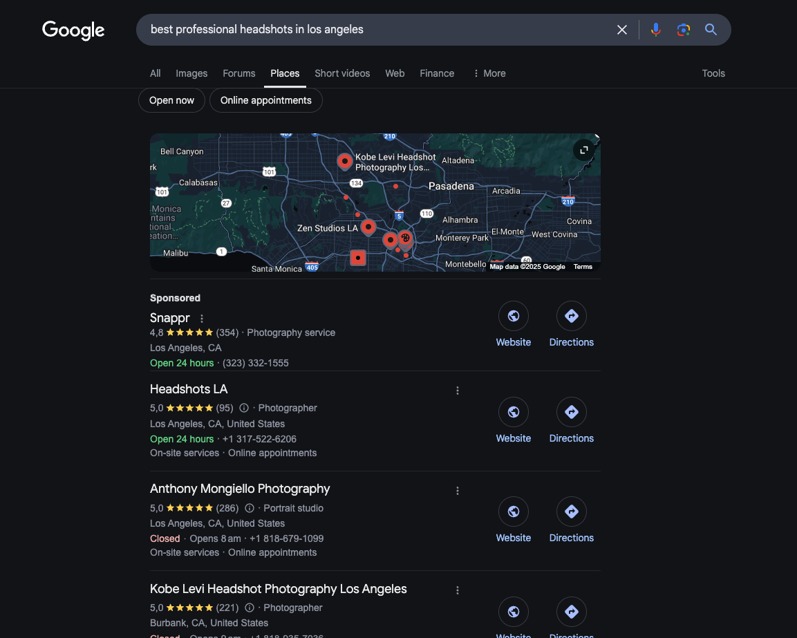Google search results for 'best professional headshots in Los Angeles'