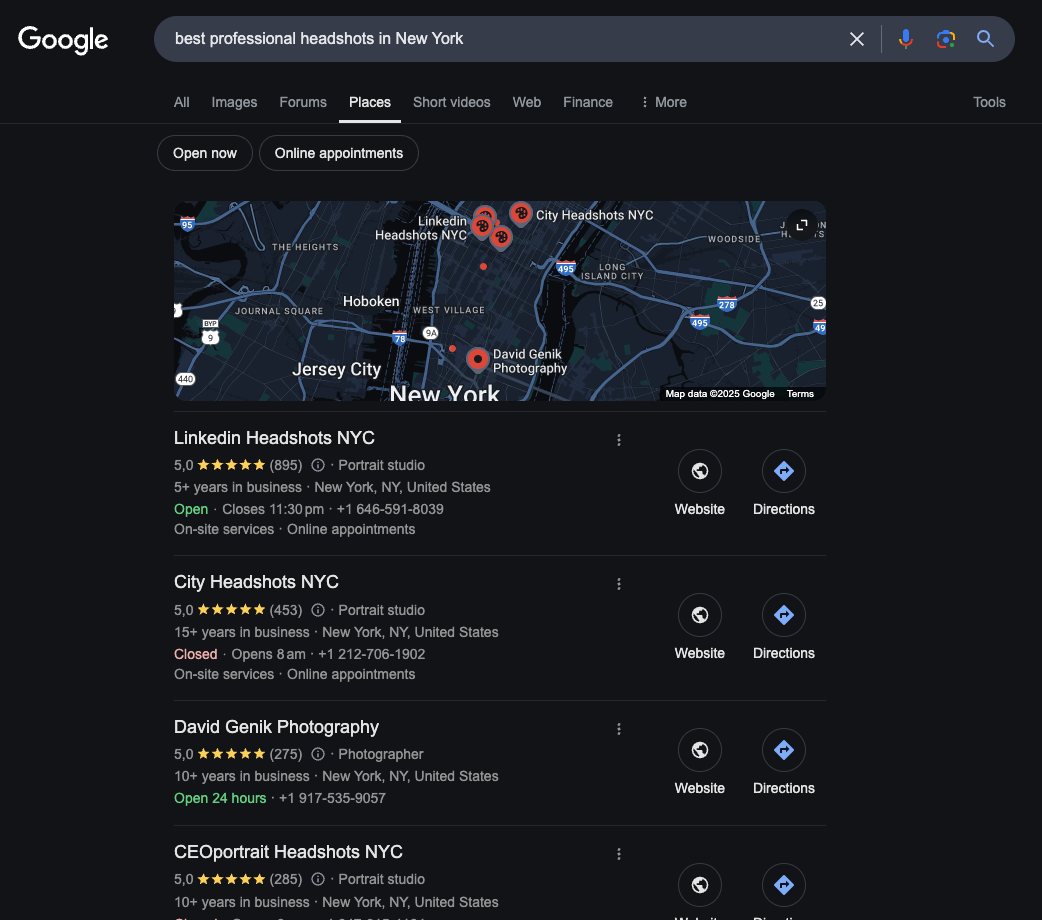 Google search results for 'best professional headshots in New York'